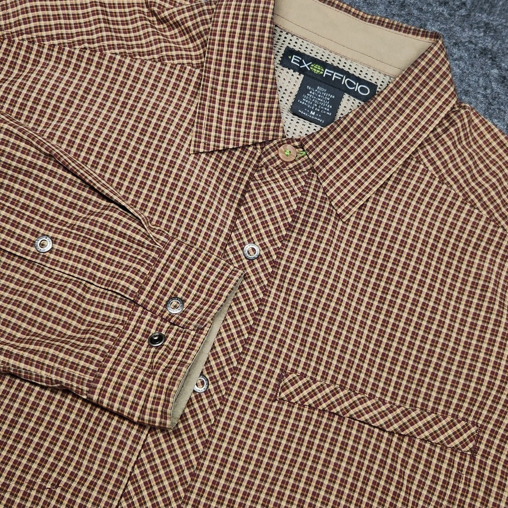 Exofficio Mens Brown Plaid Long Sleeve Snap Button Down Shirt Medium Lightweight
